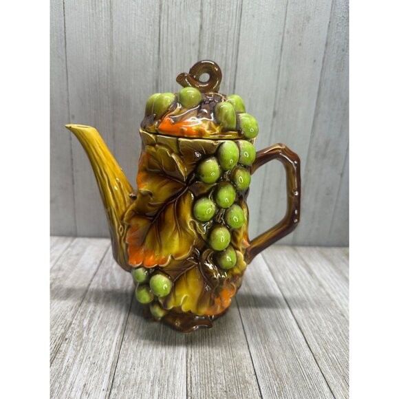 Vtg Nasco Swirling Leaves Grapes Tea Pot & Creamer Sugar Set MCM Japan 8", 4.5" - Picture 3 of 10